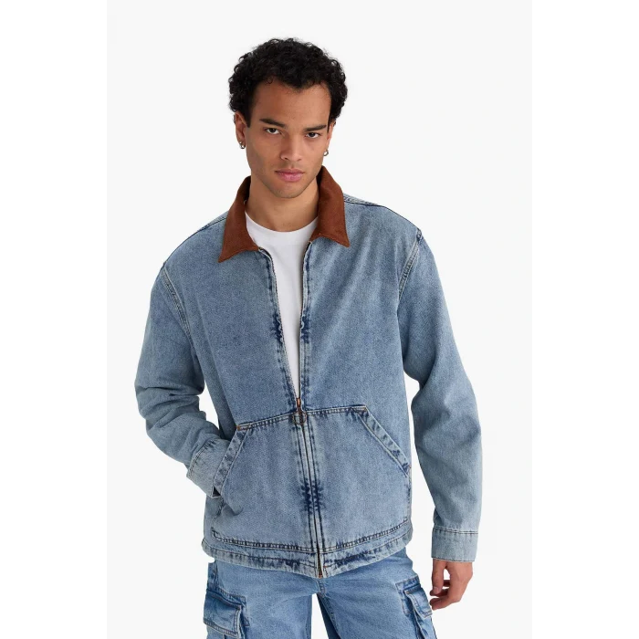 Defacto F8308AXNM39 Mavi Relax Fit Kontrast Yaka Düğmeli Denim Ceket