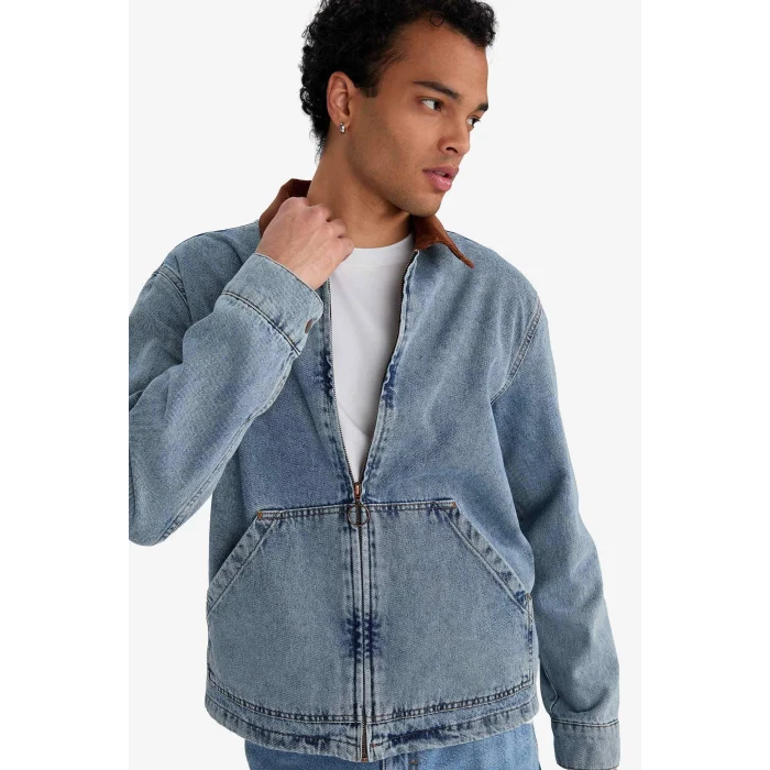 Defacto F8308AXNM39 Mavi Relax Fit Kontrast Yaka Düğmeli Denim Ceket