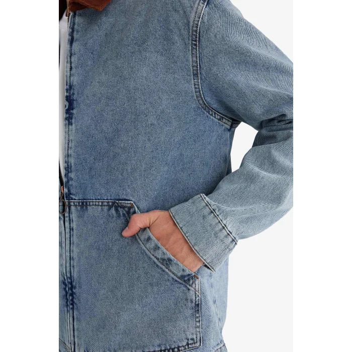Defacto F8308AXNM39 Mavi Relax Fit Kontrast Yaka Düğmeli Denim Ceket