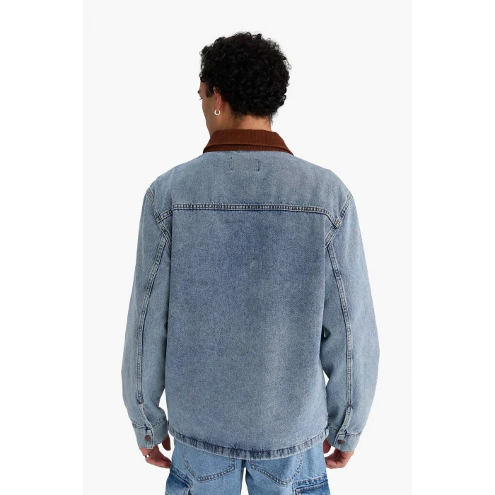 Defacto F8308AXNM39 Mavi Relax Fit Kontrast Yaka Düğmeli Denim Ceket