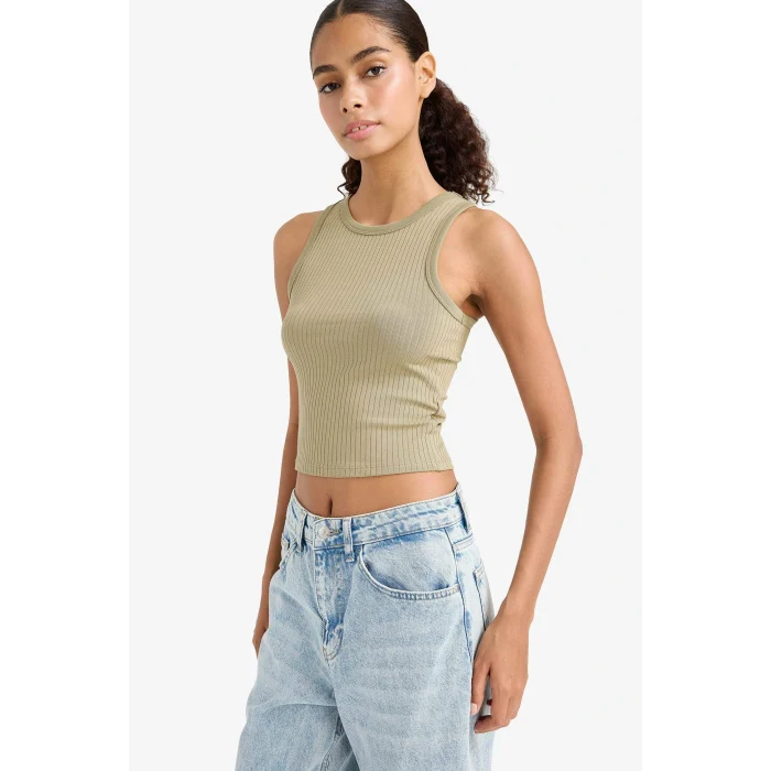 Defacto A8859AXKH459 Haki Slim Fit Dar Kesim Halter Yaka Fitilli Kaşkorse Atlet