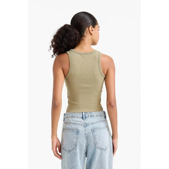 Defacto A8859AXKH459 Haki Slim Fit Dar Kesim Halter Yaka Fitilli Kaşkorse Atlet