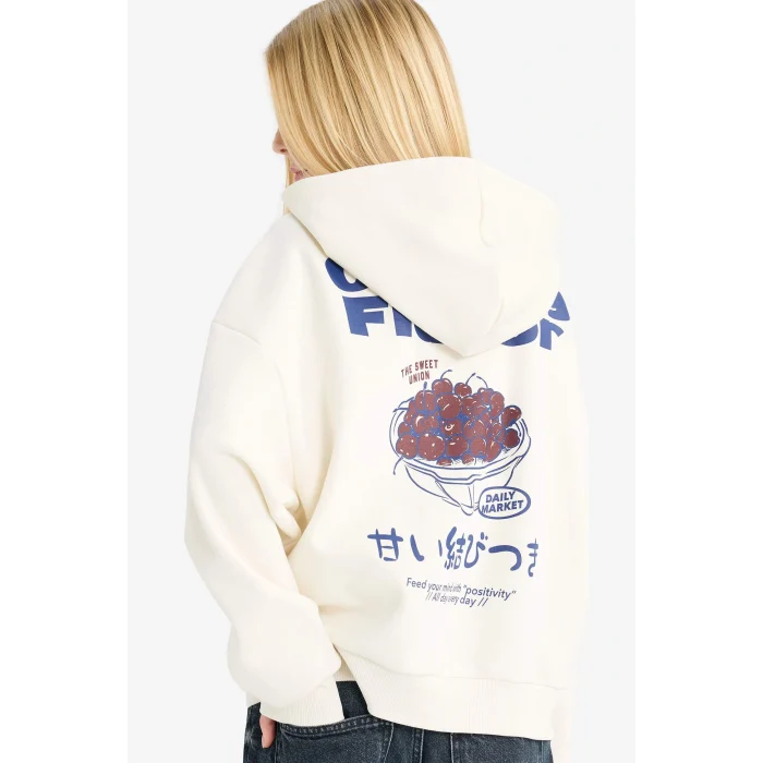 Defacto G3198AXWT47 Beyaz Coool Kapüşonlu Sırt Baskılı Sweatshirt