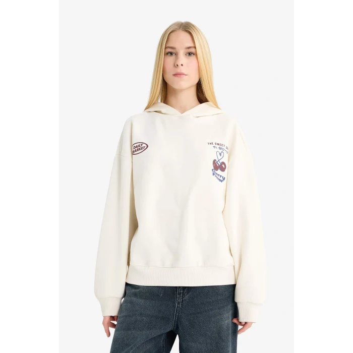 Defacto G3198AXWT47 Beyaz Coool Kapüşonlu Sırt Baskılı Sweatshirt