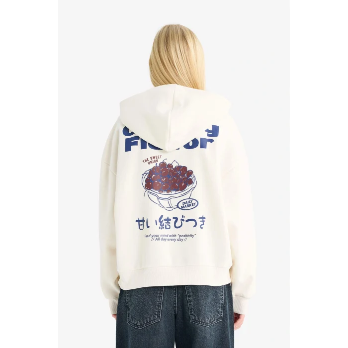 Defacto G3198AXWT47 Beyaz Coool Kapüşonlu Sırt Baskılı Sweatshirt