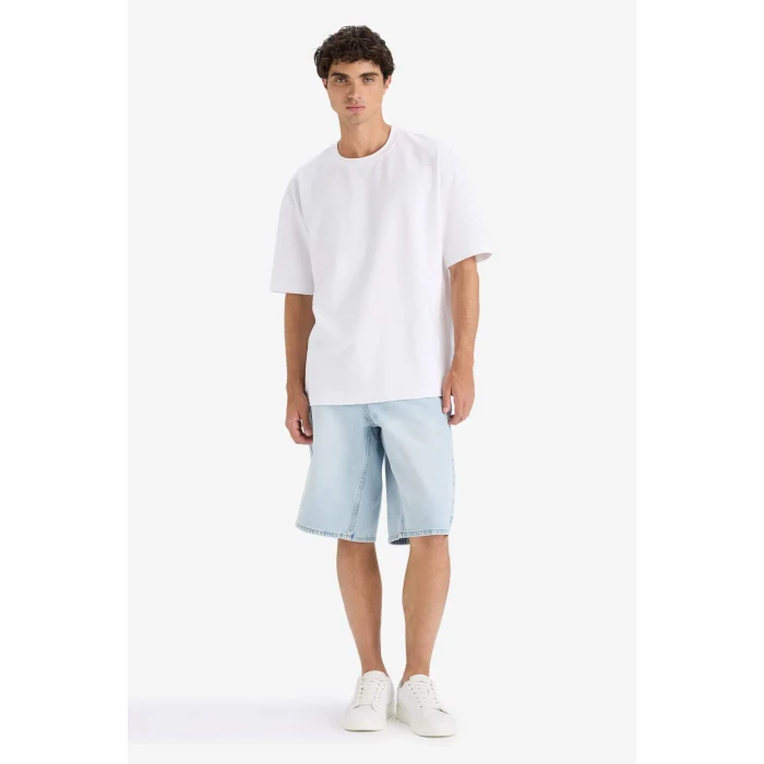 Defacto E9798AXWT34 Beyaz Oversize Geniş Kalıp Bisiklet Yaka Ağır Kumaş Basic Düz Kısa Kollu Tişört