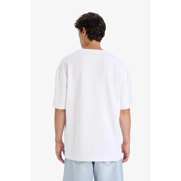 Defacto E9798AXWT34 Beyaz Oversize Geniş Kalıp Bisiklet Yaka Ağır Kumaş Basic Düz Kısa Kollu Tişört