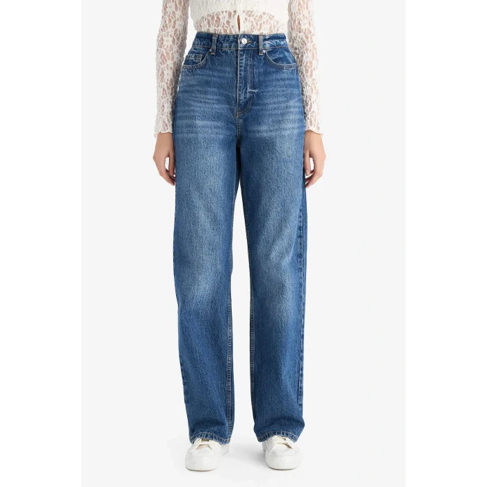 Defacto G3541AXNM28 Mavi Straight Fit Yüksek Bel Uzun Jean Yıkamalı Pantolon