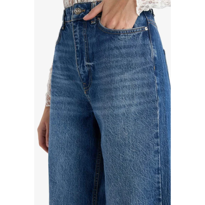 Defacto G3541AXNM28 Mavi Straight Fit Yüksek Bel Uzun Jean Yıkamalı Pantolon