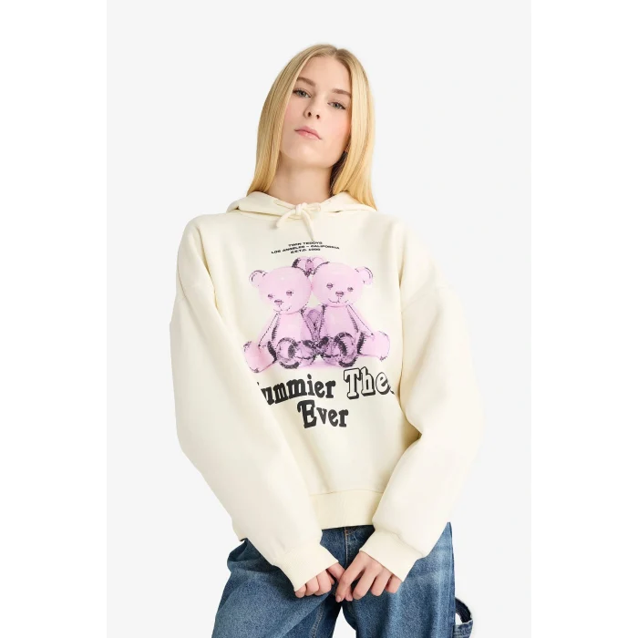 Defacto G3884AXER103 Ekru Coool Oversize Geniş Kalıp Kapüşonlu Baskılı KSweatshirt