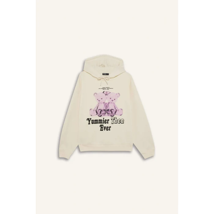 Defacto G3884AXER103 Ekru Coool Oversize Geniş Kalıp Kapüşonlu Baskılı KSweatshirt