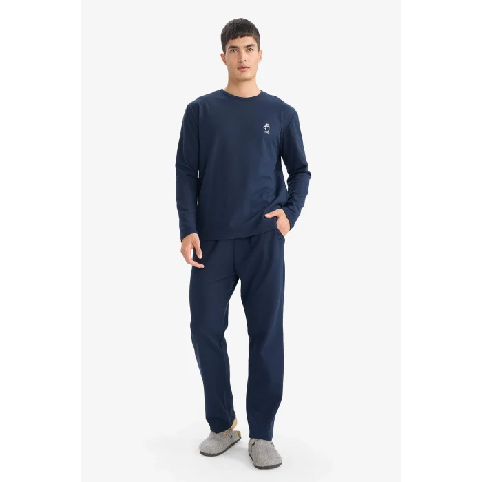 Defacto G2650AXNV135 Lacivert Pijama Takımı Regular Fit Uzun Kollu Waffle Üst Uzun Alt