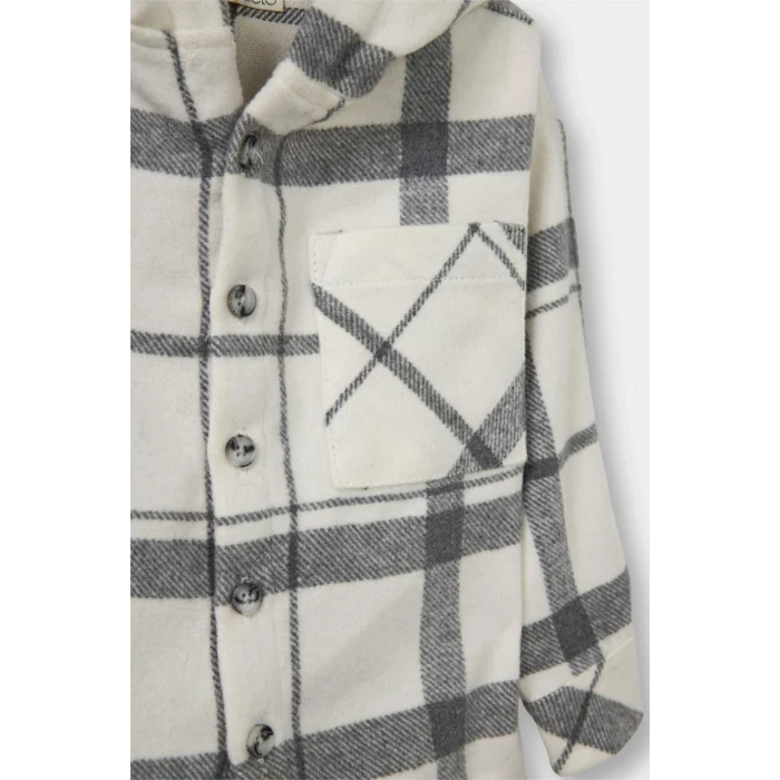 Defacto G3225A5ER233 Ekru Erkek Bebek 2li Takım Kareli Twill Kapüşonlu Gömlek Pantolon