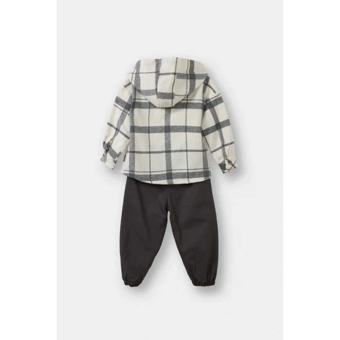 Defacto G3225A5ER233 Ekru Erkek Bebek 2li Takım Kareli Twill Kapüşonlu Gömlek Pantolon
