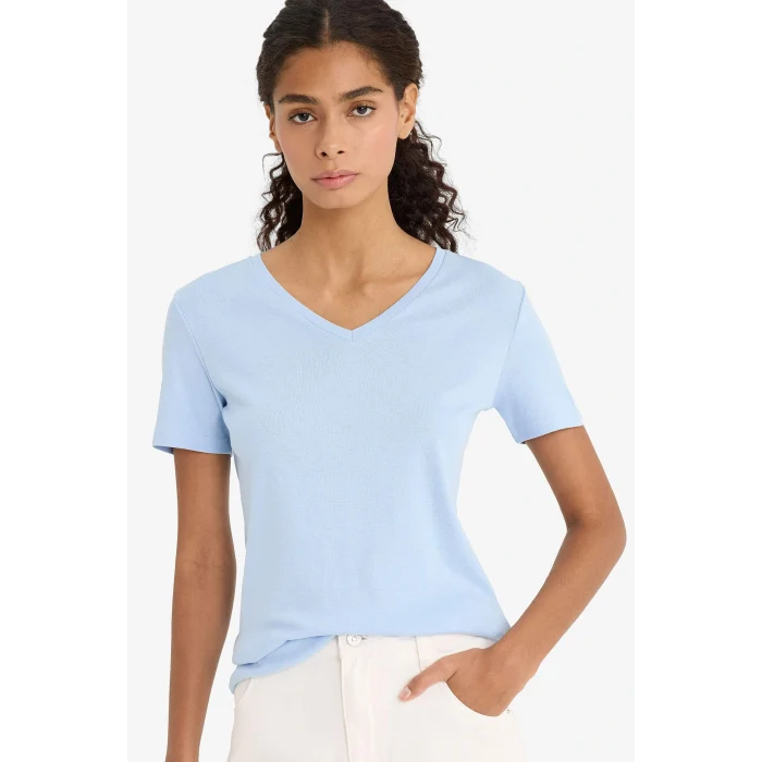 Defacto I1080AZBE196 Mavi Slim Fit Dar Kesim V Yaka Basic Düz Ribana Kısa Kollu Tişört