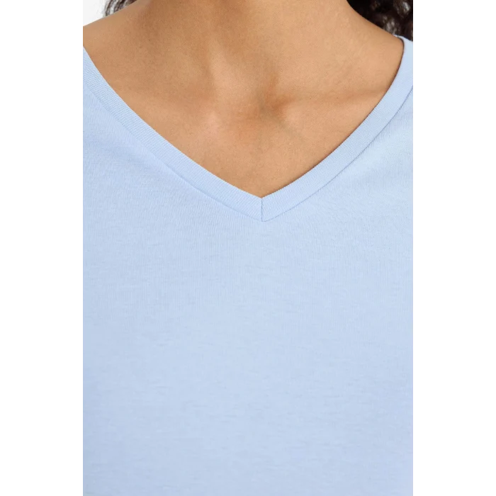 Defacto I1080AZBE196 Mavi Slim Fit Dar Kesim V Yaka Basic Düz Ribana Kısa Kollu Tişört