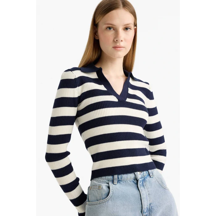 Defacto A2060AXNV135 Lacivert Coool Slim Fit Dar Kesim Polo Yaka Çizgili Triko Kazak