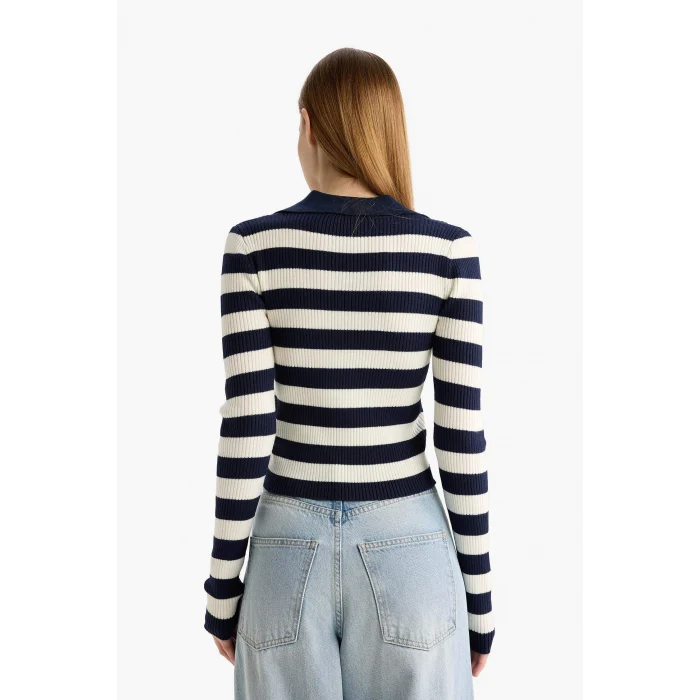 Defacto A2060AXNV135 Lacivert Coool Slim Fit Dar Kesim Polo Yaka Çizgili Triko Kazak