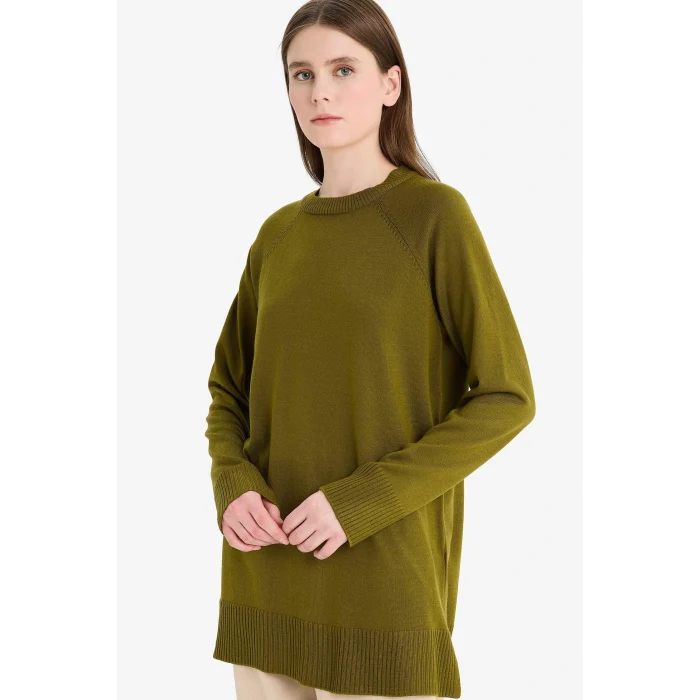 Defacto C4474AXKH463 Haki Regular Fit Bisiklet Yaka Basic Düz Triko Kazak Tunik
