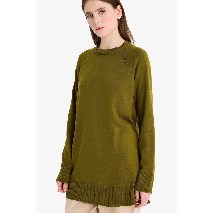 Defacto C4474AXKH463 Haki Regular Fit Bisiklet Yaka Basic Düz Triko Kazak Tunik