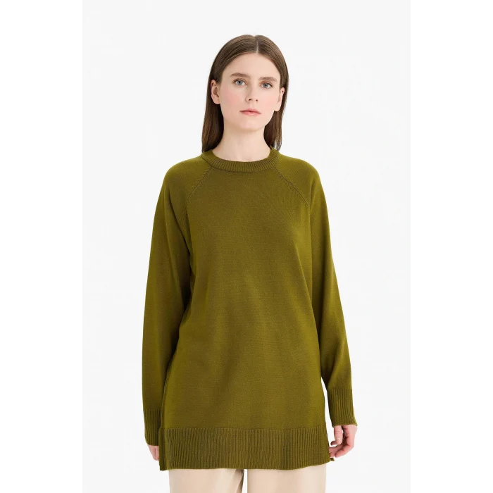 Defacto C4474AXKH463 Haki Regular Fit Bisiklet Yaka Basic Düz Triko Kazak Tunik