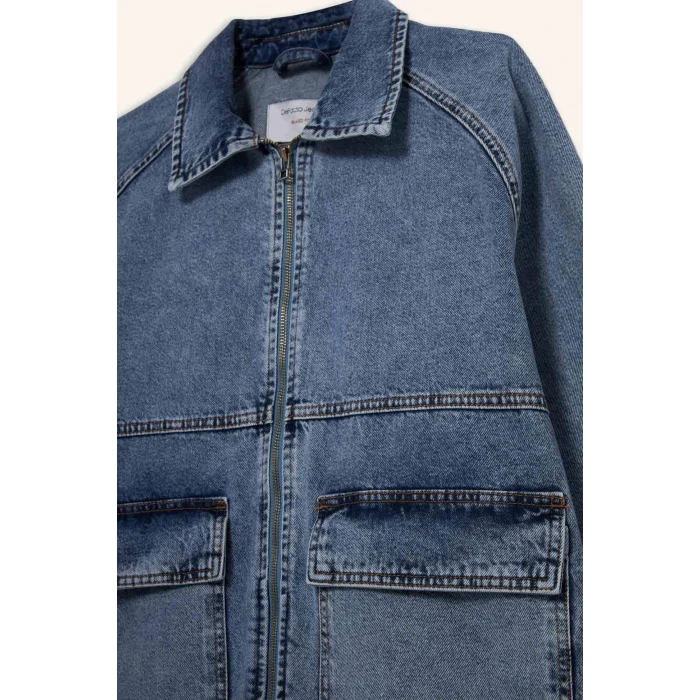 Defacto F0097AXNM39 Mavi Relax Fit Fermuarlı Denim Ceket