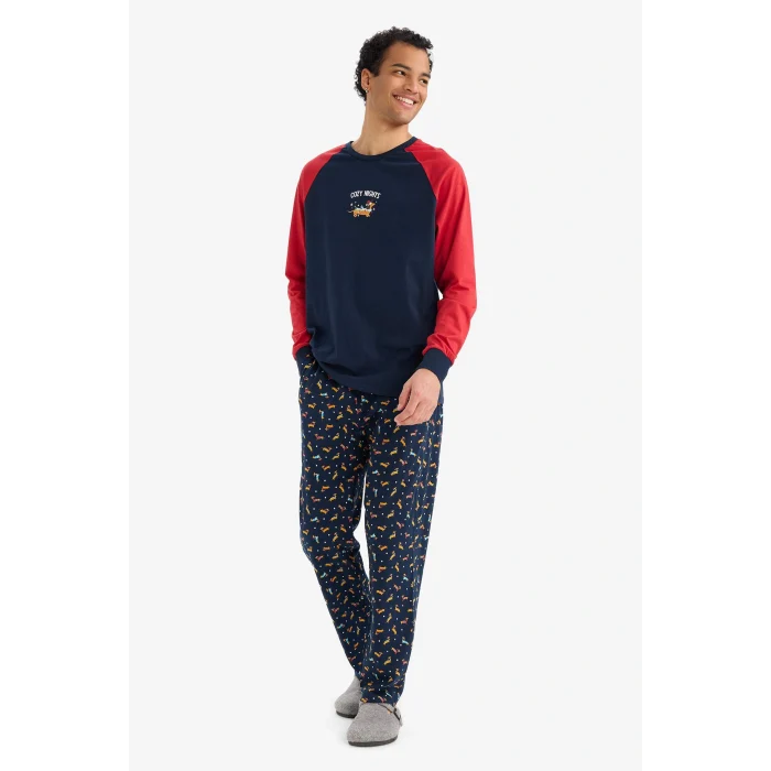 Defacto G2905AXNV135 Lacivert Pijama Takımı Regular Fit Baskılı Uzun Kollu Üst Uzun Alt