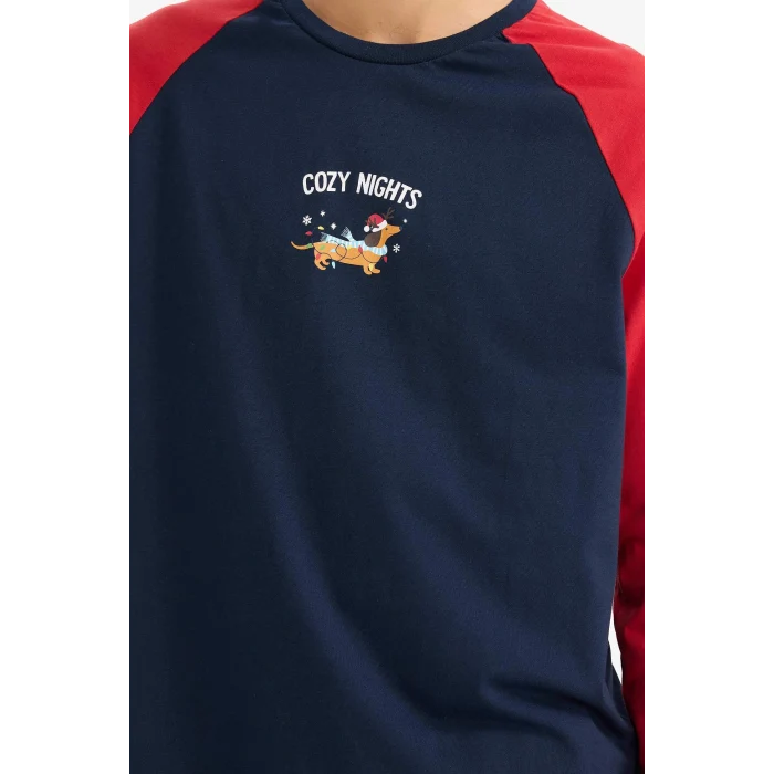 Defacto G2905AXNV135 Lacivert Pijama Takımı Regular Fit Baskılı Uzun Kollu Üst Uzun Alt