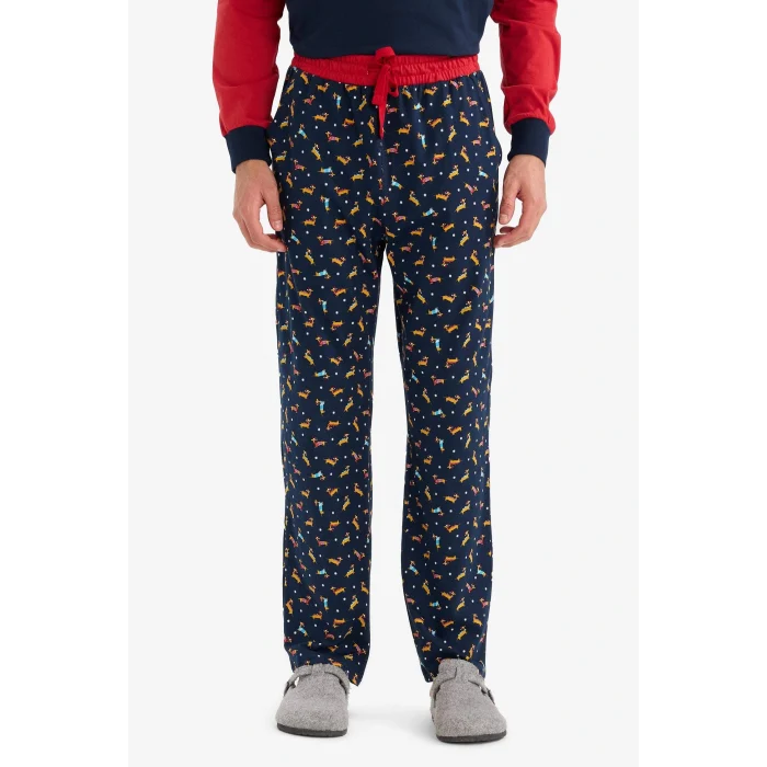 Defacto G2905AXNV135 Lacivert Pijama Takımı Regular Fit Baskılı Uzun Kollu Üst Uzun Alt