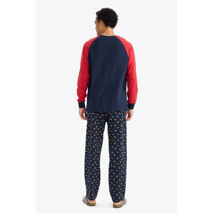 Defacto G2905AXNV135 Lacivert Pijama Takımı Regular Fit Baskılı Uzun Kollu Üst Uzun Alt