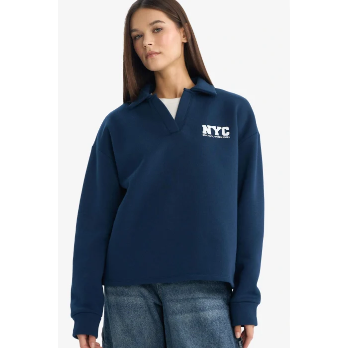 Defacto G3721AXNV248 Lacivert Coool Oversize Geniş Kalıp Polo Yaka Baskılı Sweatshirt