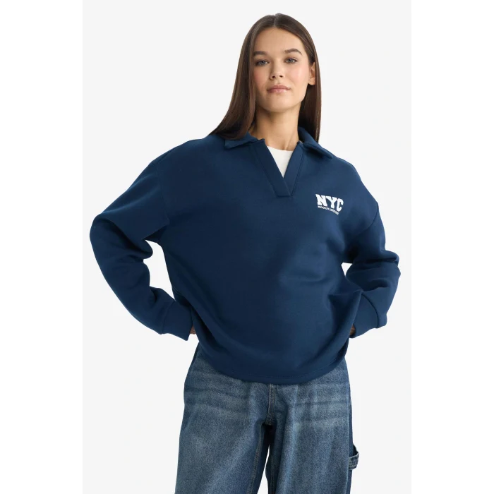 Defacto G3721AXNV248 Lacivert Coool Oversize Geniş Kalıp Polo Yaka Baskılı Sweatshirt