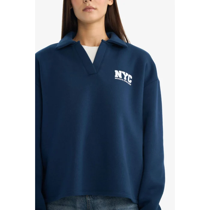 Defacto G3721AXNV248 Lacivert Coool Oversize Geniş Kalıp Polo Yaka Baskılı Sweatshirt