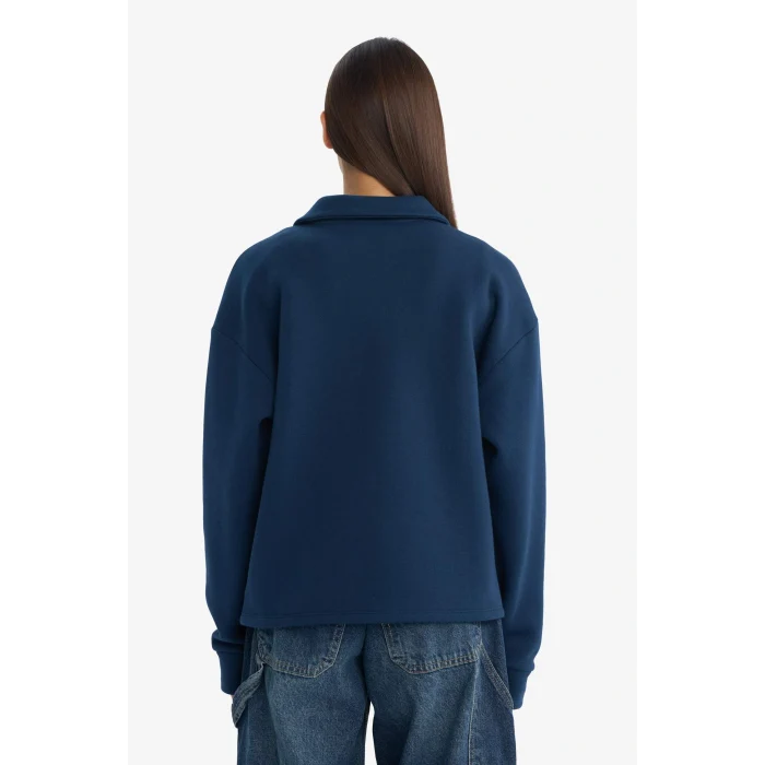 Defacto G3721AXNV248 Lacivert Coool Oversize Geniş Kalıp Polo Yaka Baskılı Sweatshirt