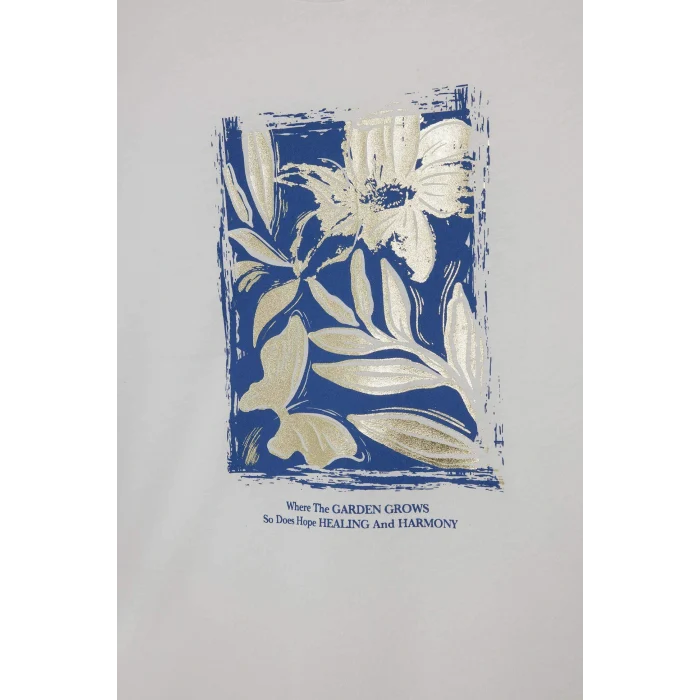 Defacto G1882AXER105 Ekru Bisiklet Yaka Çiçekli Kısa Kollu Tişört