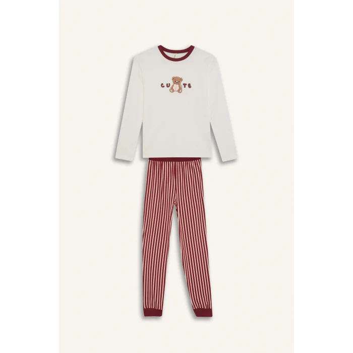 Defacto F7289A8ER136 Ekru Kız Çocuk Pijama Takımı Baskılı Uzun Kollu Üst Çizgili Uzun Alt