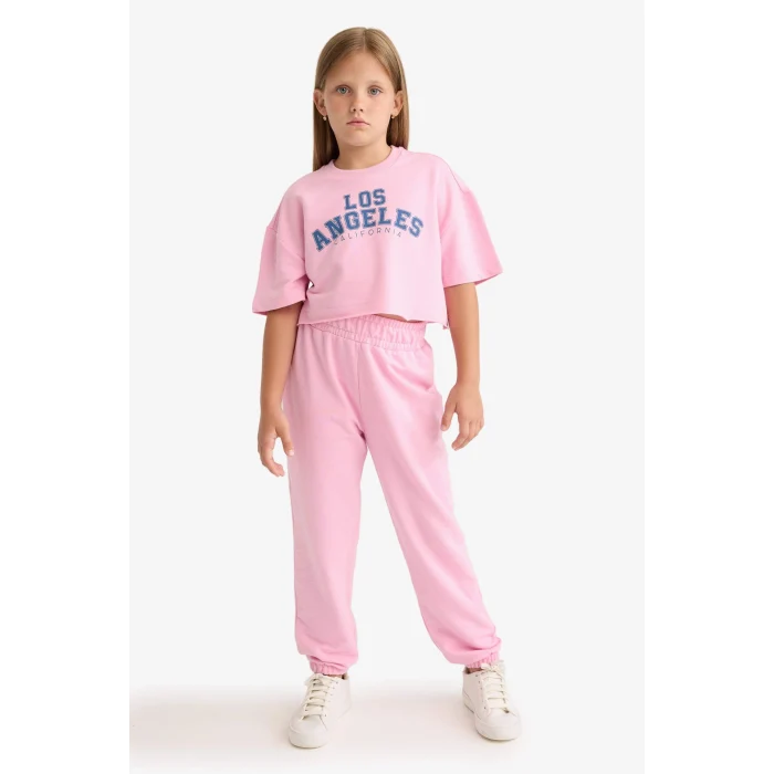 Defacto E6414A8PN649 Pembe Kız Çocuk 2li Takım Baskılı Kısa Kollu Tişört Beli Lastikli Eşofman Altı