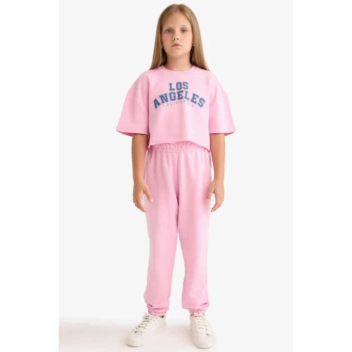 Defacto E6414A8PN649 Pembe Kız Çocuk 2li Takım Baskılı Kısa Kollu Tişört Beli Lastikli Eşofman Altı