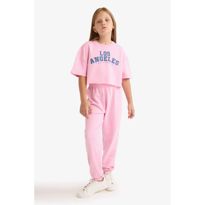 Defacto E6414A8PN649 Pembe Kız Çocuk 2li Takım Baskılı Kısa Kollu Tişört Beli Lastikli Eşofman Altı