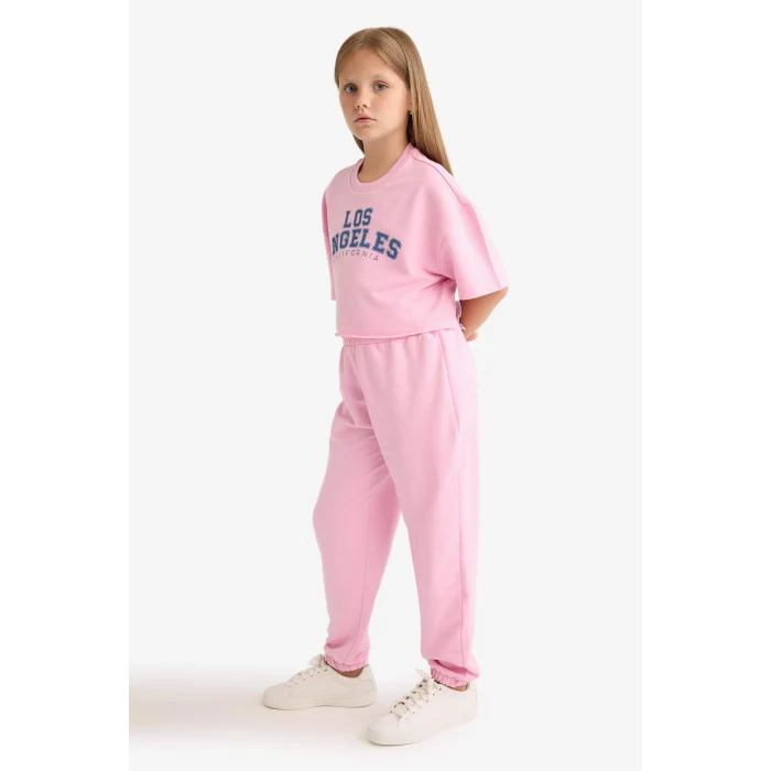 Defacto E6414A8PN649 Pembe Kız Çocuk 2li Takım Baskılı Kısa Kollu Tişört Beli Lastikli Eşofman Altı