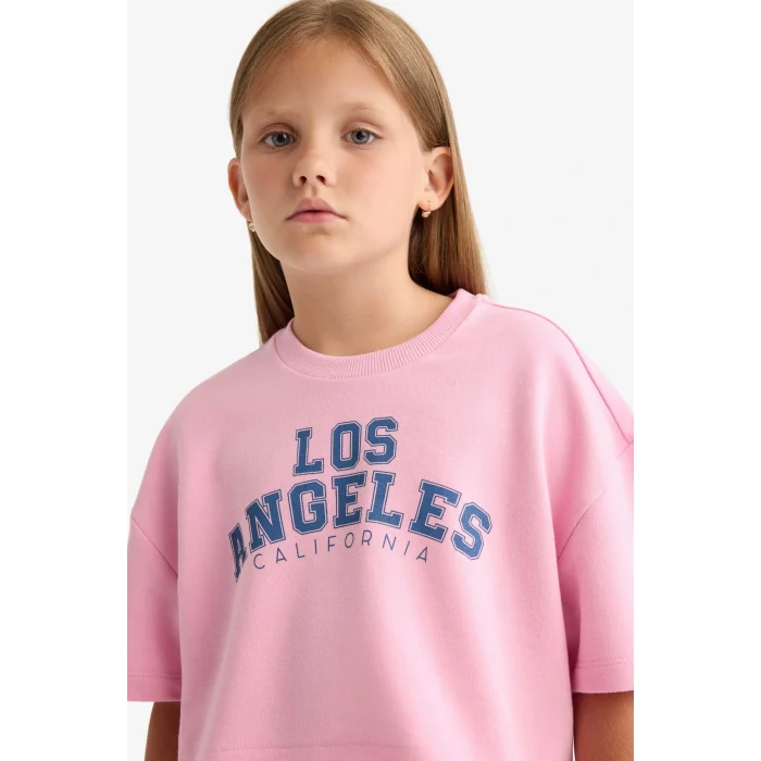 Defacto E6414A8PN649 Pembe Kız Çocuk 2li Takım Baskılı Kısa Kollu Tişört Beli Lastikli Eşofman Altı