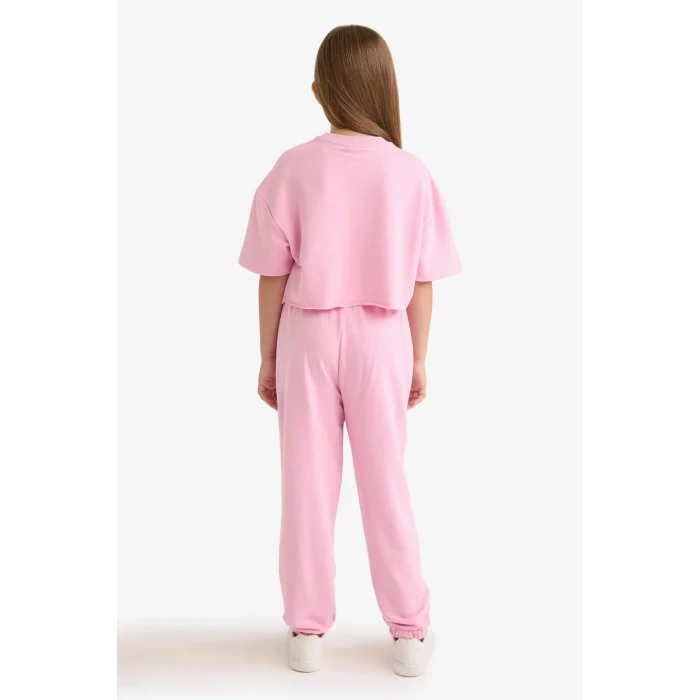 Defacto E6414A8PN649 Pembe Kız Çocuk 2li Takım Baskılı Kısa Kollu Tişört Beli Lastikli Eşofman Altı