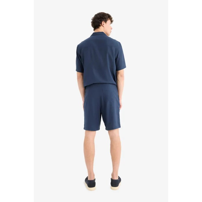 Defacto D9913AXNV256 Lacivert Relax Fit Beli Bağcıklı Keten Karışımlı Bermuda Şort