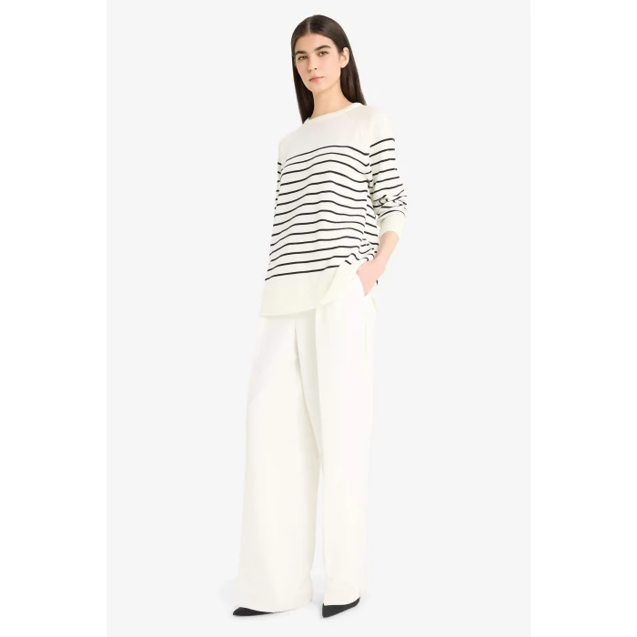 Defacto E8486AXER105 Ekru Regular Fit Bisiklet Yaka Çizgili Triko Kazak