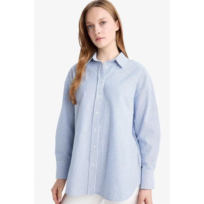 Defacto D4772AXBE409 Mavi Relax Fit Oxford Çizgili Uzun Kollu Gömlek Tunik