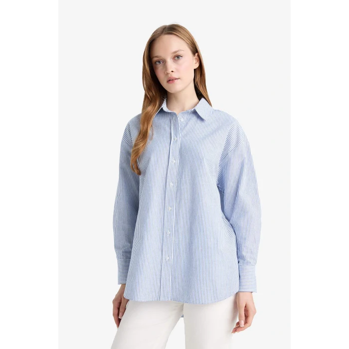 Defacto D4772AXBE409 Mavi Relax Fit Oxford Çizgili Uzun Kollu Gömlek Tunik
