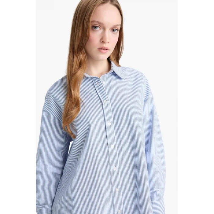 Defacto D4772AXBE409 Mavi Relax Fit Oxford Çizgili Uzun Kollu Gömlek Tunik