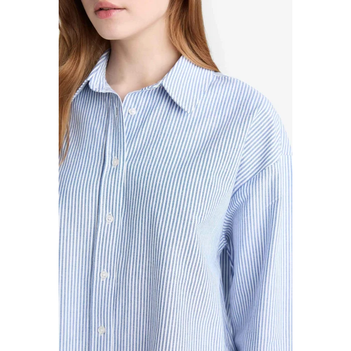 Defacto D4772AXBE409 Mavi Relax Fit Oxford Çizgili Uzun Kollu Gömlek Tunik