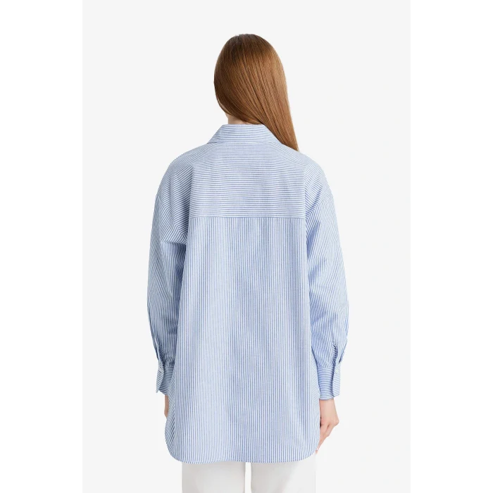 Defacto D4772AXBE409 Mavi Relax Fit Oxford Çizgili Uzun Kollu Gömlek Tunik