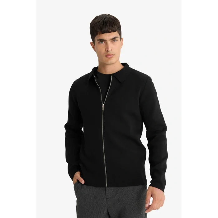 Defacto D3592AXBK27 Siyah Standart Fit Polo Yaka Basic Düz Fermuarlı Triko Hırka